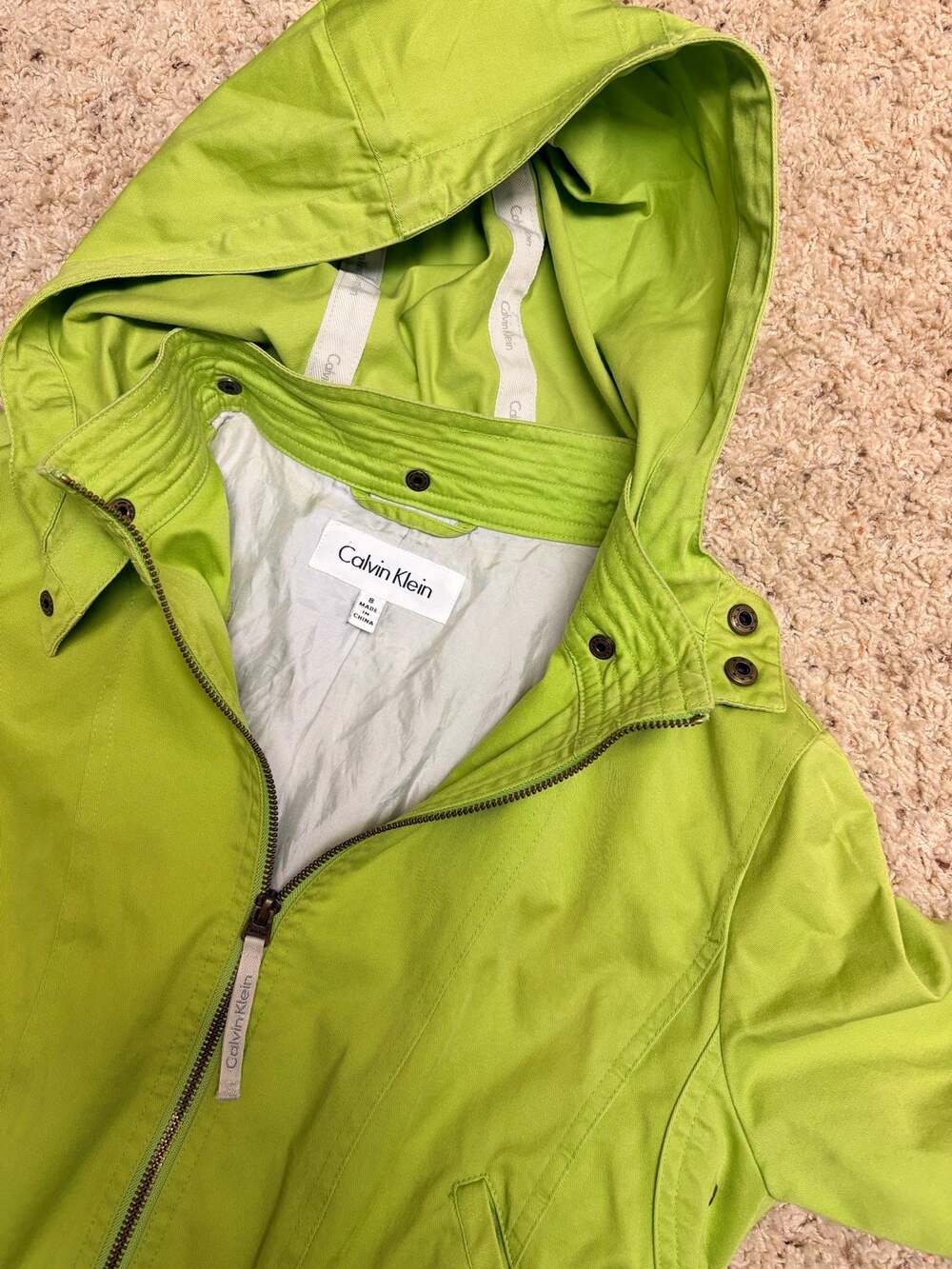 Calvin Klein Womens Utility Jacket Size 8 Lime Green Hooded Long Zip Coat